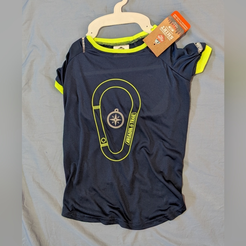 Arcadia Dark Blue Tee with Neon Accents, Size Large